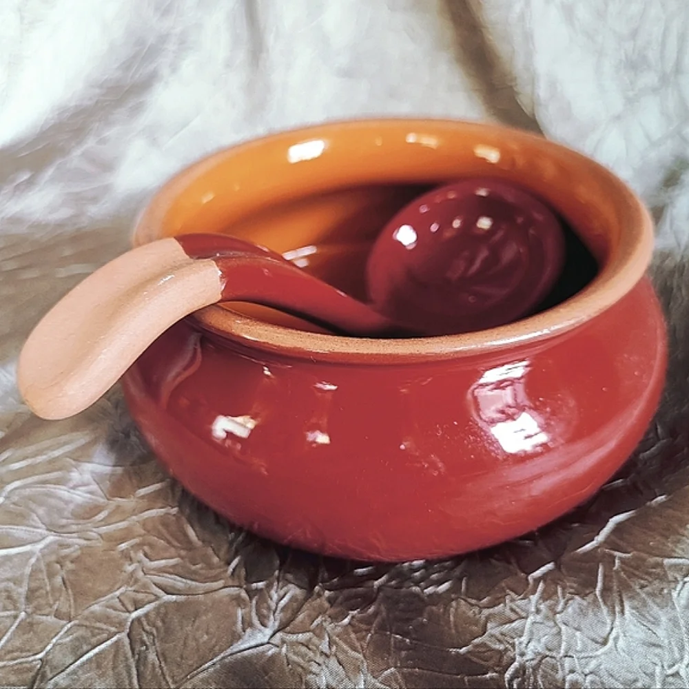 Crate & Barrel Brand Salsa Chili Guacamole Terra Cotta Bowl Ladle 2 Pieces NEW